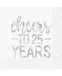 16 stk Servietter med Silverfärgad Cheers to 25 Years Text 33x33 cm