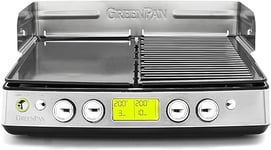 GreenPan Elite XL Grill & Griddle sans Fumée, 2 Plaques Amovibles pour le Gril et le Griddle, Céramique saine sans PFAS, Temps, température et mode de cuisson réglables, Indicateur LED, 1800W, Inox