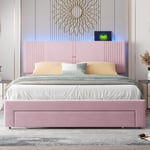 Dubbelsäng med sammetsöverdrag 160 x 200 cm - med LED- och USB-laddningsanslutning - med stor låda - Rosa