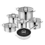 Velaze Induction Saucepan Set, Stainless Steel, Rustproof and Durable, Cooking Pot Set with Glass Lid, Cooking Pots & Beard Pan & Milk Pan, Pot Set for All Cookers - 12 Pieces