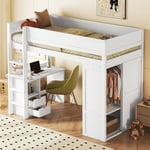 Lit mezzanine 90x200cm - lit enfant multifonctionnel - équipé d'une armoire et un bureau - en pin massif - Blanc