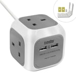 4 WAY CUBE SOCKET POWER WITH 2USB Plug Socket ELECTRIC EXTENSION LEAD CABLE GREY