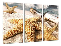 Tableau Moderne Photographique, Impression sur bois, Message de paysage dans une bouteille, étoile de mer, plage, mer, 97 x 62 cm, ref. 26483