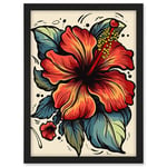 Artery8 Red Hibiscus Old School USA Tattoo Ink Body Art Rockabilly Americana 50s Artwork Framed A3 Wall Art Print