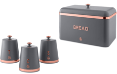 SWAN Carlton Bread Bin & Canisters Grey & Rose Gold Matching Kitchen Storage Set
