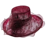 Jamicy ™ Women Lady Sun Hat Floral Organza Wave Side Wide Brim Flat Top Hat Elegant Ascot Race Derby Hat Church Hat Summer Beach Cap for Party or Outgoing Travel Foldable and Breathable (Wine Red)
