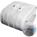 Dreamcatcher Double Electric Blanket 193 x 137cm, Soft Polyester Electric Blanket Fitted Underblanket Mattress Cover, 3x Heat Settings, 2x Controllers and Machine Washable Heated Blanket