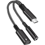 2 i 1 USB C till AUX Ljudjack Adapterkabel, USB Typ C till 3.5mm Hörlurs- och Laddaradapter, Kompatibel med Typ C Smarta Röststyrningsenheter black