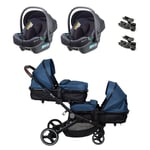 babyGO Syskonvagn Twinner blå inkl. 2 adaptrar och 2 bilbarnstolar iTravel XP gr