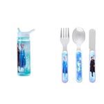 Disney Frozen Sparkle Water Bottle Flip Up Straw 600ml – Official Merchandise Kids Reusable & II Frozen 3 Piece Cutlery Set – Metal, Reusable Children's Knife, Fork & Spoon, Kids-Size