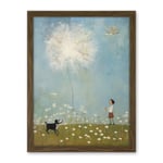 Chasing the Giant Dandelion Dream Artwork Giant Wish Oil Painting Kids Bedroom Child and Pet Dog in Daisy Field Artwork Framed Wall Art Print 18X24 Inch