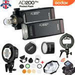 UK 2* Godox 2.4 TTL 1/8000s AD200pro Flash+AD-B2 head+AK-R1+H200R+XPRO Trigger