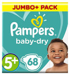 Pampers Baby-Dry Size 5+, 68 Nappies, 12kg-17kg, Jumbo+ Pack