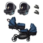 babyGO Syskonvagn Twinner blå inkl. 2 adaptrar och 2 bilbarnstolar iTravel XP black