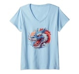 Womens blue and red mythical fierce Asian dragon roaring anime art V-Neck T-Shirt