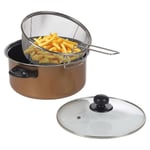 Stove Top Chip Deep Pan Fat Fryer Set Copper Look Frying Basket Clear Glass Lid