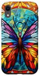 Coque pour iPhone XR Papillon bleu et jaune en verre teinté portrait insecte art