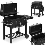 Stor trädgårdsgrill med träkol med lock, termometer, hyllor, hjul, gratis fläkt