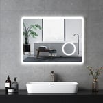Miroir lumineux de salle de bain avec Interrupteur Tactile, Fonction Anti-buée, Horloge, Bluetooth, 3x Loupe, 3 couleurs claires 80x60cm - Emke