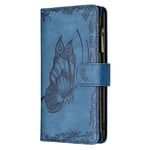 Multifunctional Leather Wallet Pouch for Xiaomi POCO M3 Pro/Redmi Note 10 5G Phone, Anti-Drop Protective Case with Zip Fastening, Free Butterfly Design Blue