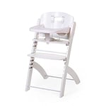 CHILDHOME, Chaise Haute Bebe Evolutive : De 0 mois à 85KG, Tablette Incluse, Bois de Hêtre, Arceau, Sécuritaire Harnais 5 points, Vis Invisibles, Evosit, Blanc