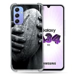 Cokitec Coque Renforcée en Verre Trempé pour Samsung Galaxy A34 5G Sport Rugby Ballon Vintage