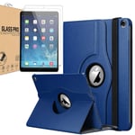 [Bundle] Leather Rotating Case For iPad Air / Air 2 / iPad Pro 9.7 / iPad 9.7” 2017 / iPad 9.7” 2018 (5th Gen, 6th Gen) 360 Degree Smart Flip Stand Case Cover with FREE [2 Pack] Tempered Glass (Blue)