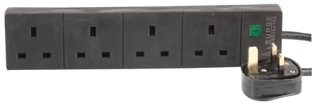 PRO ELEC - Mains Extension Lead, 4 Gang, Surge Protected, Black, 4m Lead