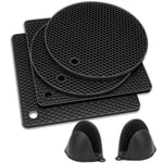 HAUSPROFI Silicone Trivet, 6pcs Extra Thick Silicone Table Mat with Pot Holder, 18.5cm Heat Resistant Non-Slip Hot Pot Pads Oven Mitt for Kitchen Cooking Dining Microwave, Square and Round, Black