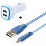 Pack Chargeur Voiture Pour Iphone 11 Lightning (Cable Smiley + Double Adaptateur Led Allume Cigare) Apple - Bleu
