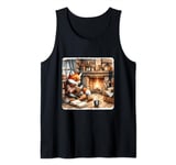 Fox Reads By Fireplace In Cabin. Rustic Book Cozy Cup Tea Tank Top