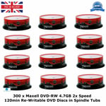 300 x Maxell DVD-RW 4.7GB 2x Speed 120min Re-Writable DVD Discs in Spindle Packs