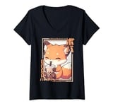 Womens Kawaii Fox Boba Anime Fox Loving Bubble Tea Neko V-Neck T-Shirt