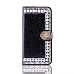 Samsung Galaxy A20e Phone Case, 3D Glitter Gems Peals Sparkle Bling Cover Shock-Absorption Flip PU Leather Protective TPU Bumper with Magnetic Stand Card Holder Slots for Girls Women black