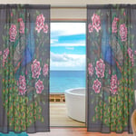 ALAZA Sheer Voile Curtains, Illustration Color Vintage Peacock Roses Polyester Fabric Window Net Curtain for Bedroom Living Room Home Decoration, 2 Panels, 84 x 55 inch