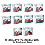 50 x Philips DVD+RW 4.7GB Disc 120Min 4x Speed Jewel Case Rewritable Blank Discs