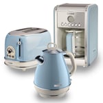 Ariete ARPK9 Retro Style Jug Kettle, 2 Slice Toaster and Filter Coffee Machine Set, Vintage Design, Blue