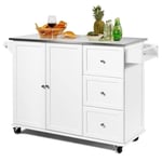 COSTWAY Köksvagn på hjul med bricka i rostfritt stål. Kitchen Island Trolley med 3 lådor, 2 dörrar och kryddställ