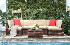 6 Seater Garden Furniture Set,Wicker Weave Corner Sofa Seat Glass Coffee Table Conversation Set With Cushions and Pillows For Lawn Backyard Poolside