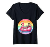 Womens Chill Skeleton Relaxing in Flamingo Floatie Under Rainbow V-Neck T-Shirt
