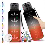 Vikaster Bouteille d'eau, Gourde sport en Tritan 1,5 litre BPA free, 1500ml Gourde Sport, Étanche & Réutilisable, avec Filtre et Marqueur Temps, Bouteille sport vélo, Gym, enfants, sport Noir/Rouge