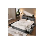 Hengmei - Lit Avec Tiroirs avec prise électrique et ports usb Tête de lit de rangement avec 4 tiroirs Cadre de lit en lin Lit double 140x200cm,