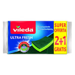 Vileda Ultra Fresh éponge Abrasive, absorbante, Anti-Rayures, avec Partie fibreuse, Traitement antibactérien, Format 2+1, Vert
