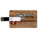 16G USB Flash Drives Credit Card Shape Western Memory Stick Bank Card Style Old Style Revolver Antique Six Shooter Gun Weapon Pistol on Aged Wooden Board Image,Brown Grey Waterproof Pen Thumb Lovely J