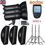 UK 3*Godox SK400II 400W 2.4G Flash+35*160cm softbox+2m stand+Xpro-s for Sony