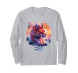 Fierce mythical red dragon sunset palm trees birds Asian art Long Sleeve T-Shirt