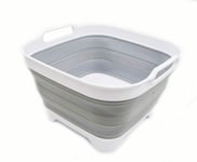 SAMMART 10L Collapsible Dishpan with Draining Plug - Foldable Washing Basin - Portable Dish Washing Tub - Space Saving Kitchen Storage Tray (White/Grey, 1)