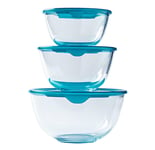 Pyrex Glass Bowl with Blue Lid Microwavable Set of 3 Pieces - Transparent