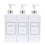 HARRA HOME Modern Gold Design Pump Bottle Set 27 oz Refillable Shampoo and Conditioner Dispenser Empty Shower Plastic Bottles with Pump for Bathroom Lotion Body wash, Pack of 3 (White & Silver)