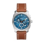 FOSSIL Machine Watch for Men, Chronograph movement with Stainless steel or Leather strap, Brown and Blue, 42 mm